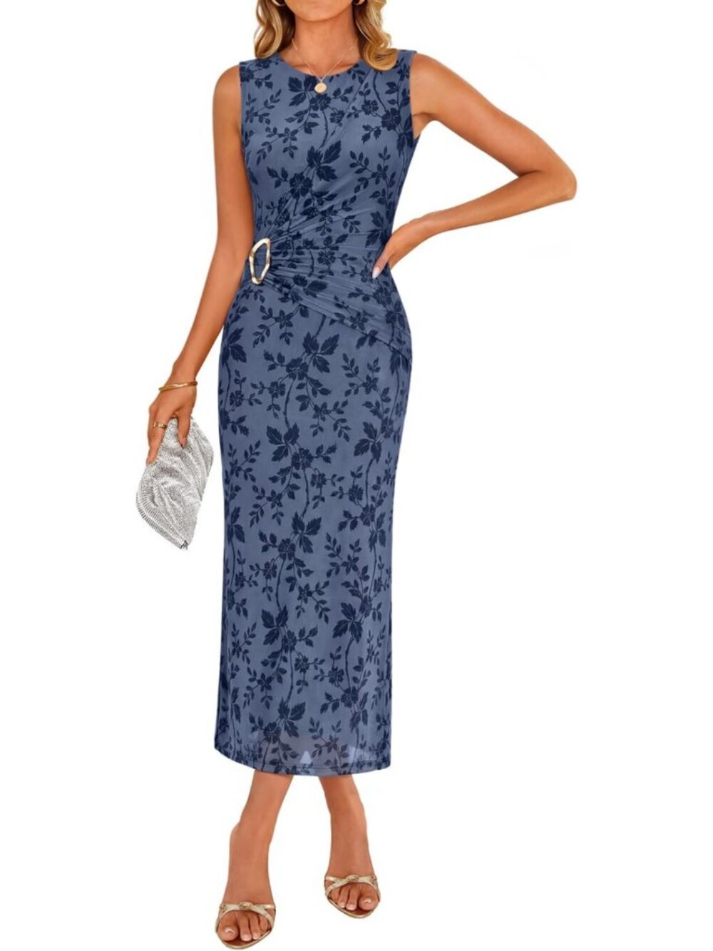 Summer Floral Ruched Bodycon Midi Dress - Sleeveless, Perfect for Parties
